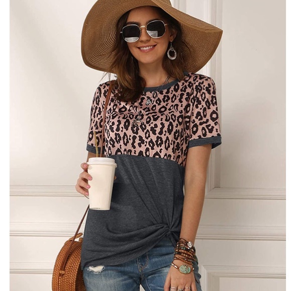 Boutique Tops - Leopard Color block Twist Knot Short Sleeve Tee